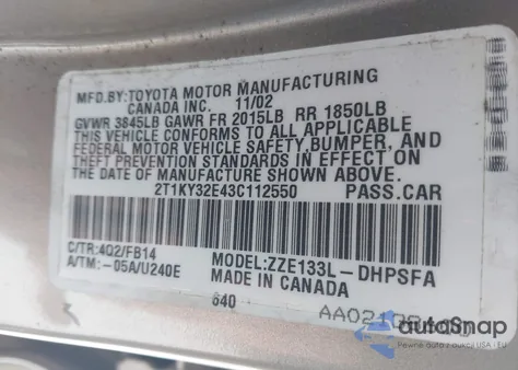 2003 Toyota Matrix Xrs z USA, uszkodzony, nr VIN 2T1KY32E43C112550